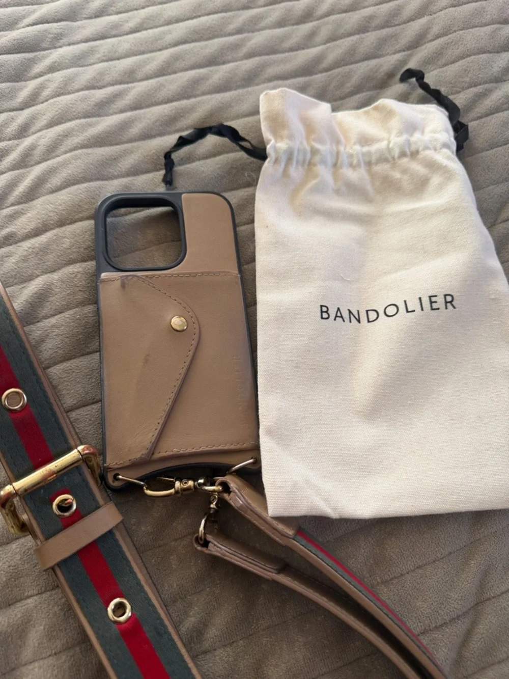 Bandolier Taupe Leather Mini Phone Crossbody with Gold Hardware